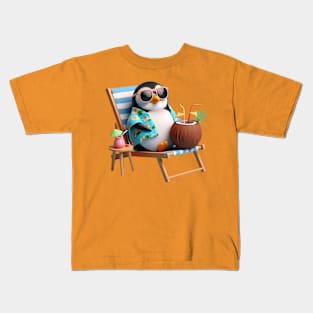 A penguin wearing a Hawaiian shirt and sunglasses, lounging on a beach chair with a coconut drink Kids T-Shirt